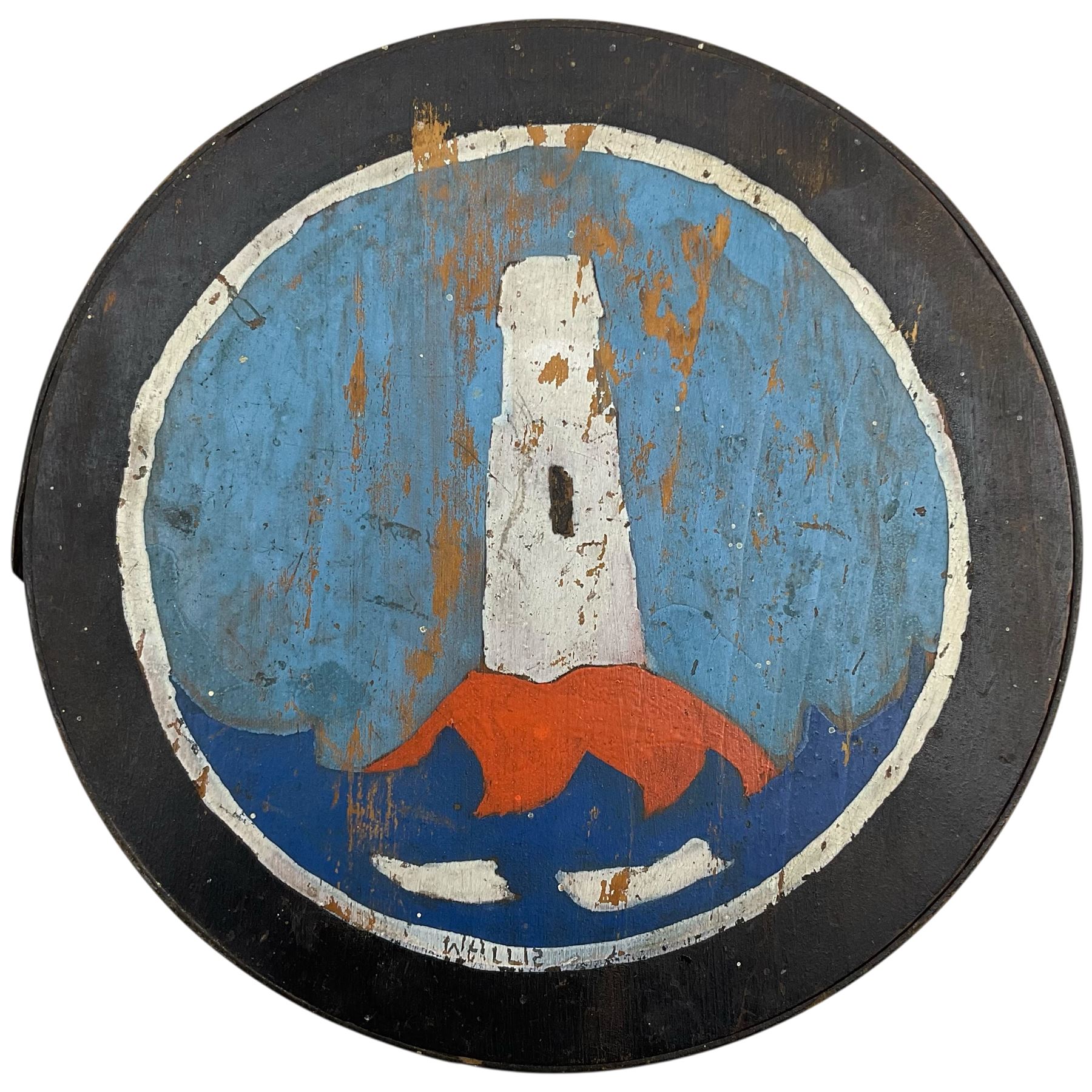 Attrib. Alfred Wallis (British 1855-1942): The Lighthouse, oil on circular wooden box signed, diameter 22cm height 11cm