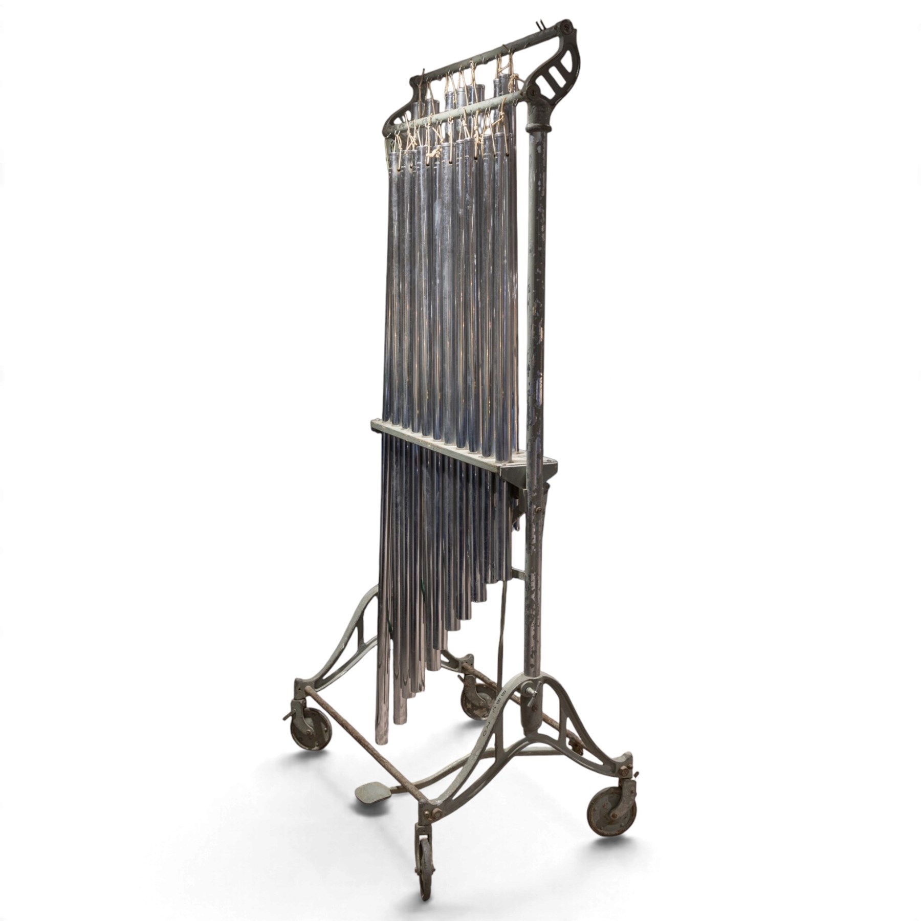 Boosey & Hawkes Ltd, London orchestral tubular bells/chimes, the chromed tubes pitch-marked and suspended on painted metal frame, frame H186cm