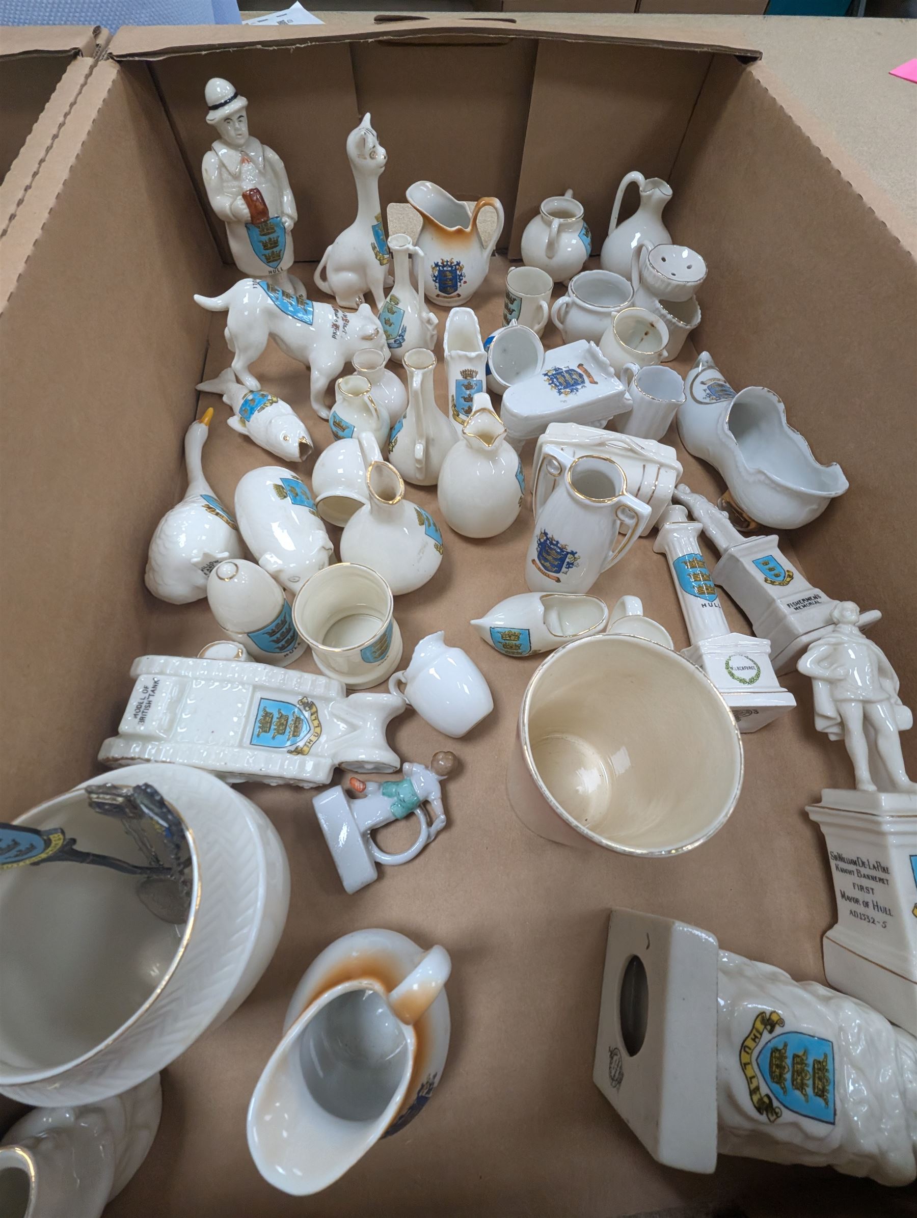 Large collection of Hull crested ware, including animals, figures, piano, vases, etc, by Carlton Ware, Waterfall Heraldic China, W.H Goss, etc and a silver spoon with Hull crest