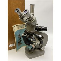 Olympus binocular microscope, numbered '222161', H37cm, in wooden case, untested
