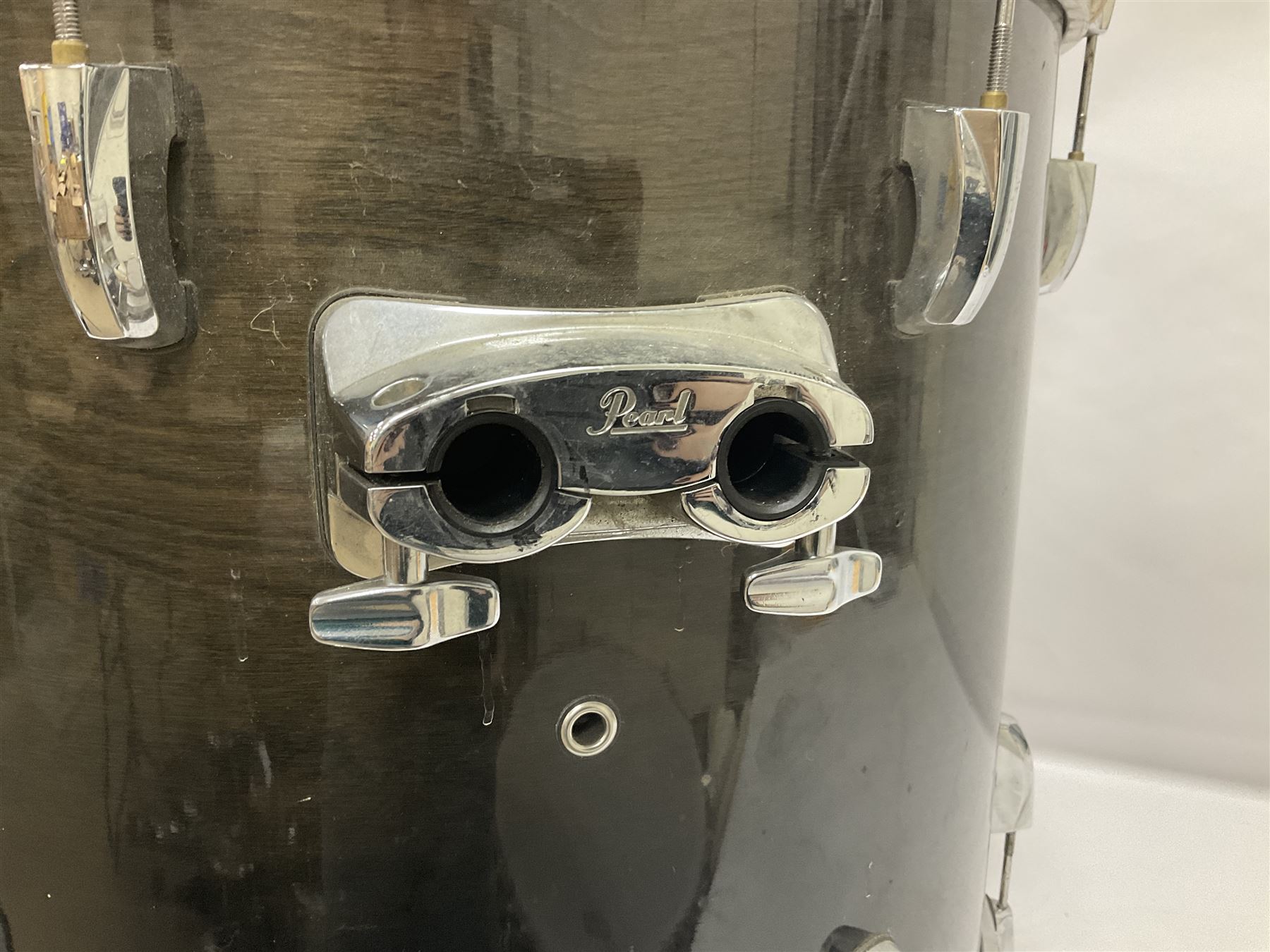 Pearl Vision SST Birch Ply shell four-piece drum kit in black comprising bass drum with foot pedal and three graduated toms; together with Pearl Custom Alloy Sensitone steel snare drum, drum and cymbal stands, microphone stand, stool and various drum sticks 