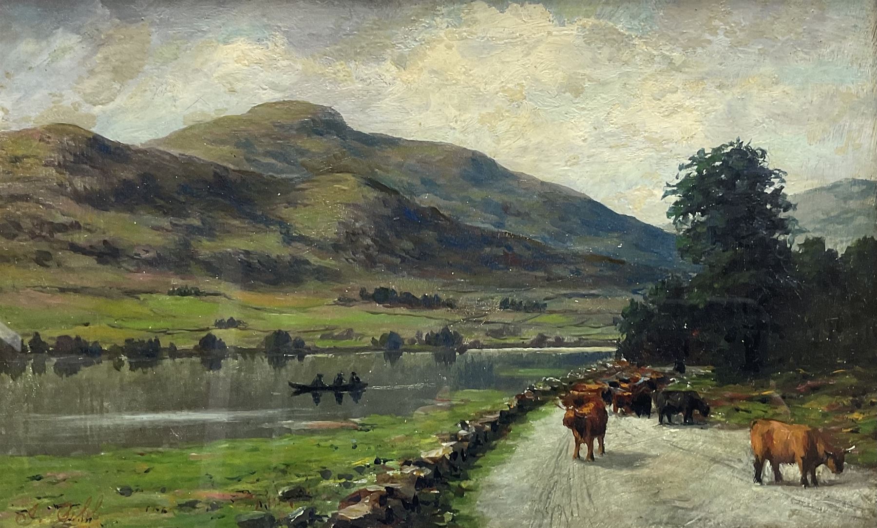 J Gibb (19th century): Scottish Highland Cattle by the Lochside, oil on board signed, further view verso 23cm x 37cm