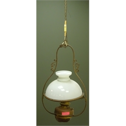  Hanging brass oil light fitting with domed white glass shade, H77cm excl chain  