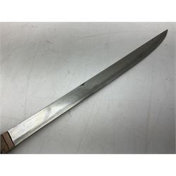 Japanese Tanto with 28.5cm steel blade and cord bound grip; in red spotted black lacquer saya containing a kogai knife with etched characters to the blade and ornate fern leaf and snake handle