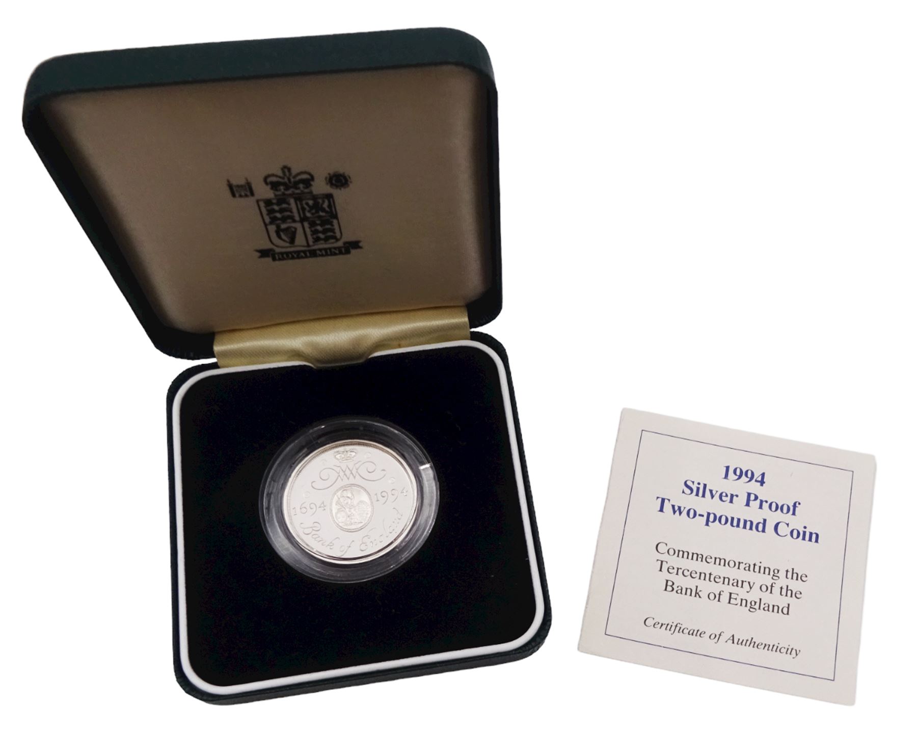 Five The Royal Mint United Kingdom silver proof coins, comprising 1994 two pound commemorating the Tercentenary of the Bank of England, 1996 five pounds commemorating Her Majesty the Queen Elizabeth II 70th birthday, 1997 two pound Britannia, 2000 'Millennium' five pound, all cased with certificate, and 1996 one pound, cased without certificate