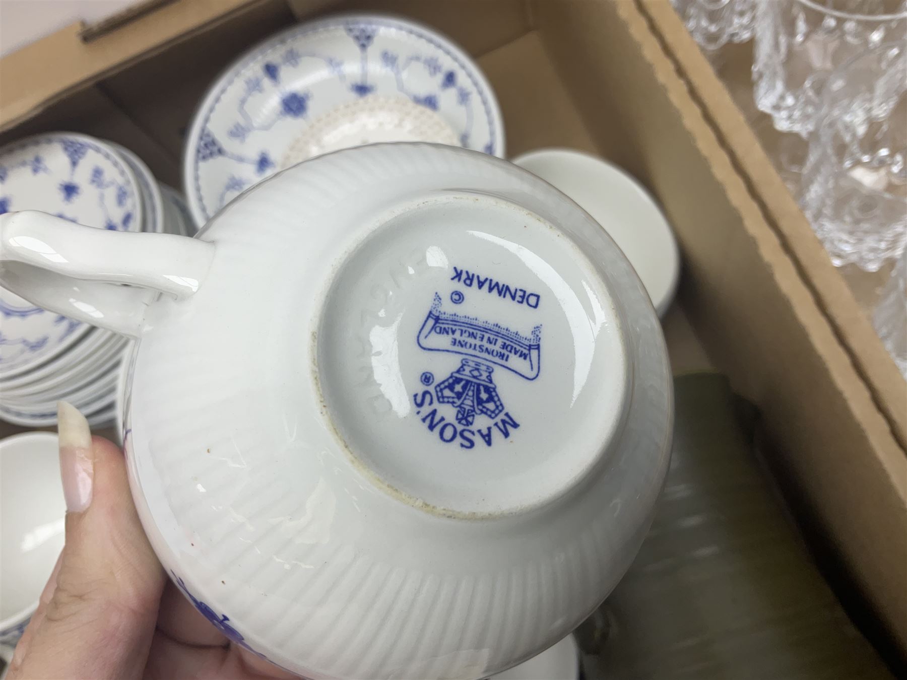 Masons and Furnival Denmark pattern blue and white tea wares, together with a Royal Worcester trinket box, Leedsware bowl and other ceramics and glassware, in four boxes