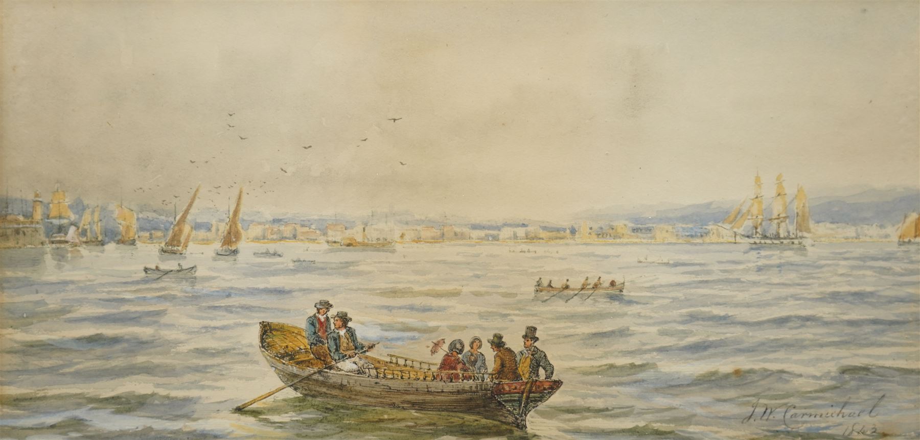 John Wilson Carmichael (British 1799-1868): Busy Shipping Lane, watercolour signed and dated 1842, 17cm x 33cm