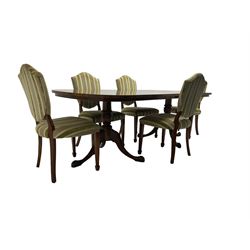 Regency design walnut twin pedestal extending dining table, rectangular burr top with rounded corners and crossbanding, raised on turned vasiform columns with tripod base, with additional leaf (D107cm W184cm/230cm, H76cm); and set eight (6+2) shield back dining chairs, upholstered in striped laurel green fabric, raised on tapering supports with spade feet, retailed by Geoffrey Benson