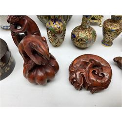 Chinese bronze peach of immortality and longevity, cloisonné vase of baluster form and three miniature cloisonné vases, six Netsuke modelled as monkeys, dragon etc