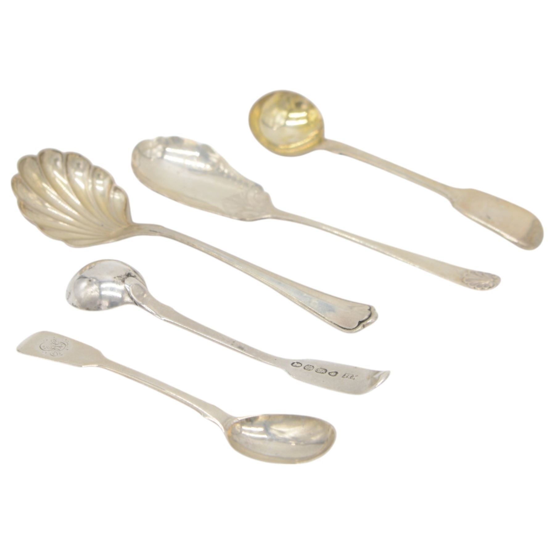 Collection of silver napkin rings and flatware, including set of Chinese bamboo design teaspoons with character mark finials, stamped 90, three pairs of Georgian and later sugar tongs, Scottish silver mustard spoon, hallmarked W S Junior, Glasgow 1833, cruet spoons, coffee spoons, etc, all stamped or hallmarked 