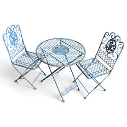 Three-piece French style blue-painted wrought iron garden bistro set, comprising a circular folding table with latticework top and central fruiting grapevine medallion (W71cm H76cm) and matching pair of chairs, with scrolling cresting rail and grapevine motif over folding X-frame base (W40cm H98cm)