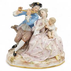 Late 19th century Meissen figure group of a flautist seated next to a lady holding sheet m...