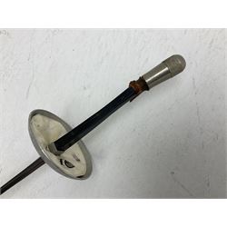 Reproduction Japanese katana with 63cm slightly curving fullered steel blade, ornate tsuba, cord bound grip and gilt transferred black saya L92cm; and two fencing foils, one marked Leon Paul (3)