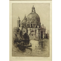  Venetian Waterfront, etching signed by John Shapland (1865-1929), 'The Edge of the Common', print on silk after A.G. Petherbridge and one other etching unframed max 34cm x 24cm (3)  
