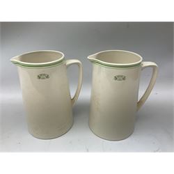 Wilson Line of Hull - five graduated ceramic jugs by Weatherby, Adams and Crown Ducal, largest H22cm, sets of six port and liqueur glasses, four silver plated menu holders and glass ashtray (22)  