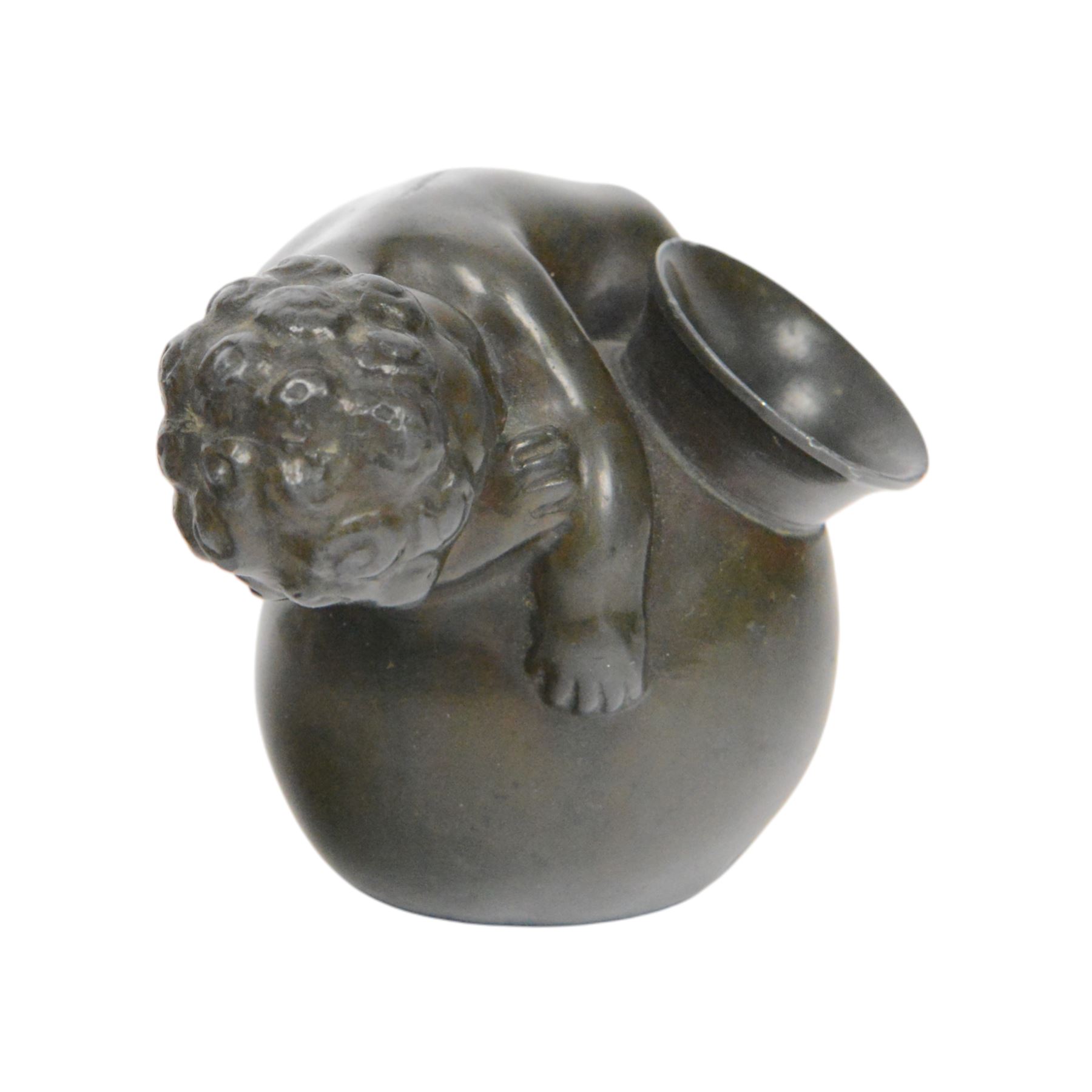 Just Andersen (Danish 1884 - 1943), bronze figure modelled as a putti sleeping upon a vase, signed beneath H6cm