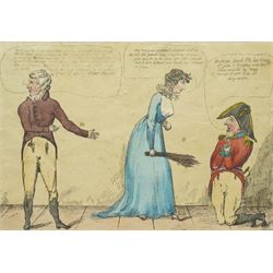 James Gillray (British 1756-1815): 'The York Mistress', early 19th century satirical etching with-hand colouring pub. Hannah Humphrey, London, 1809, 24cm x 32cm
Notes: The Duke of York (right), in regimentals, kneels at the feet of Mrs Clarke, who stands over him holding a birch-rod. Col Gwyllym Lloyd Wardle stands on the left in civilian dress. He  initiated corruption charges against Frederick, Duke of York, which resulted in his trial and resignation as commander-in-chief in 1809.