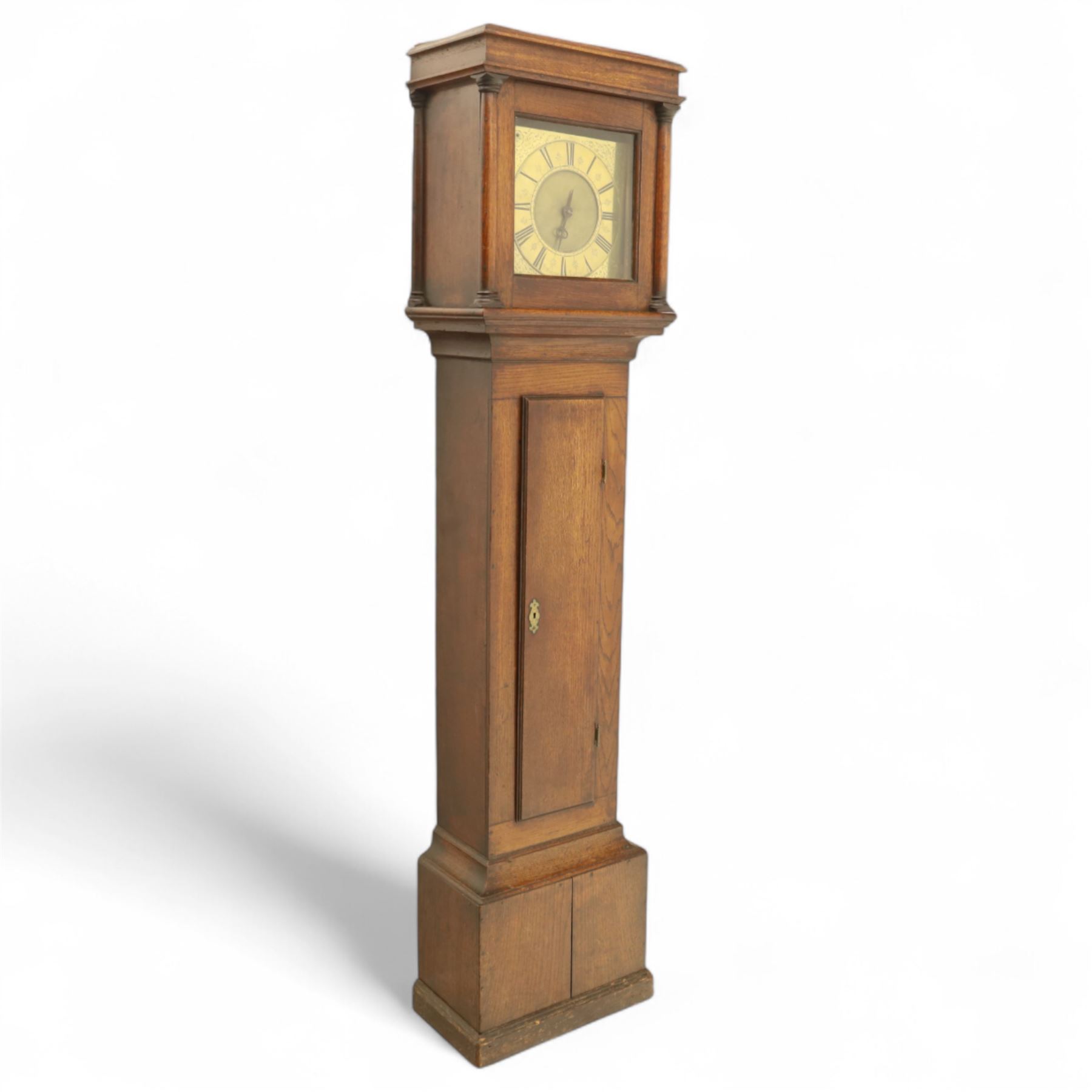 Robert Henderson of Scarborough- early 18th Century 30 hour brass dial longcase clock in an oak case, with a flat top, square hood door and attached pilasters, trunk with a long trunk door on a square plinth with applied skirting, brass dial with a matted centre and engraved Yorkshire white rose spandrels, chapter with Roman numerals, inner quarter hour track, half hour markers and single steel hand, dial pinned to a chain driven outside countwheel striking movement, striking the hours on a bell. With weight and pendulum.
Robert Henderson is the earliest recorded clockmaker in Scarborough. b1678-d1756.