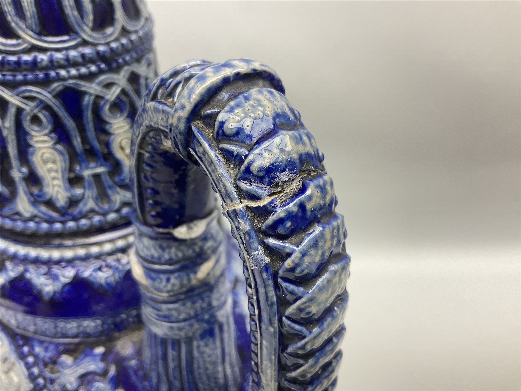 German stoneware blue glazed vase of flattened form with twin handles, H49cm (a/f)