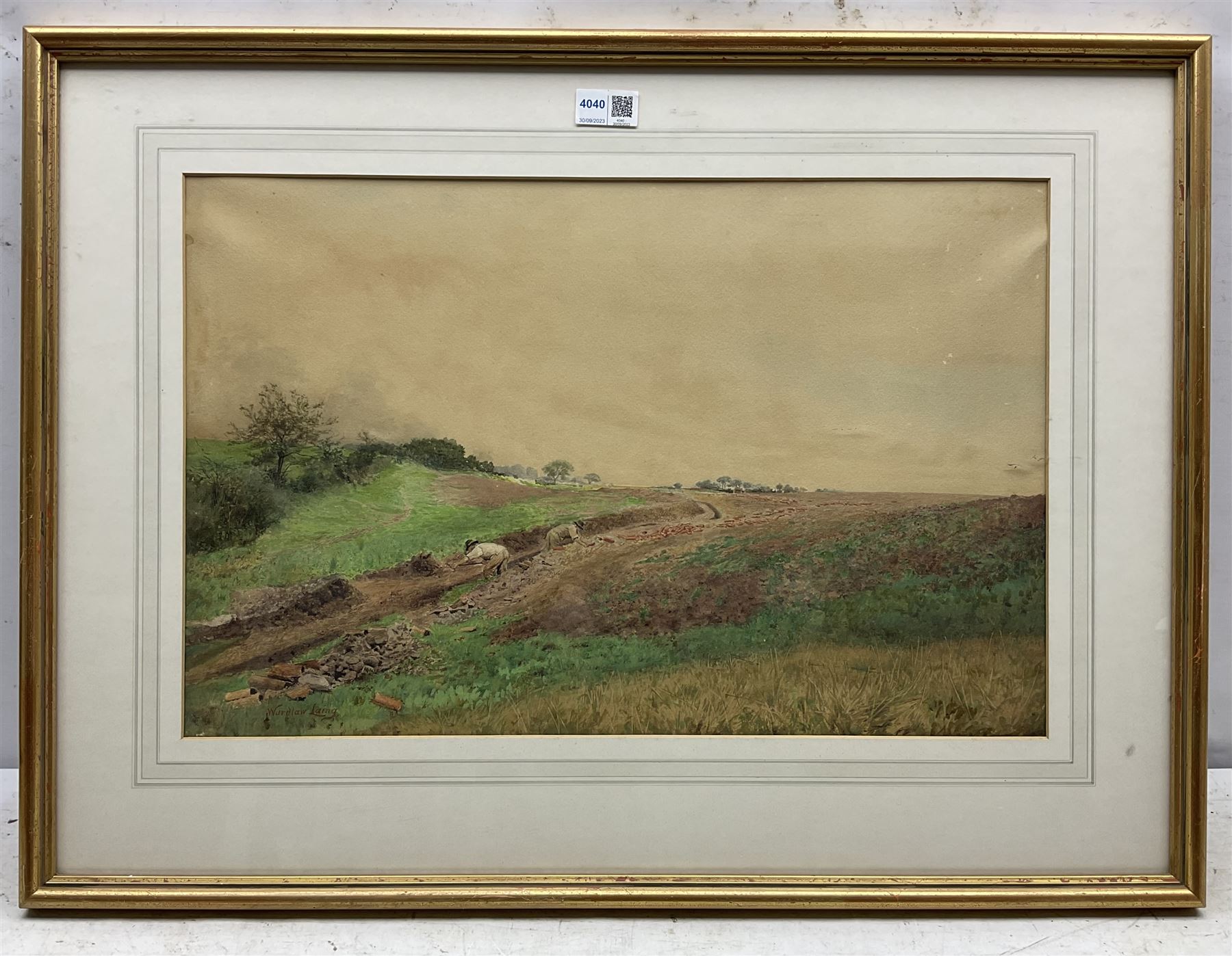 William Wardlaw Laing (exh.1882-1922): 'A Fallow Field' - laying clay pot drainage system, watercolour signed, original title label verso with  artist's Liverpool address 34cm x 53cm