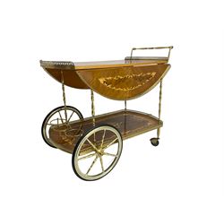 Early 20th century Italian marquetry walnut and satinwood drinks trolley wagon, two-tier with drop leaves and pierce brass gallery
