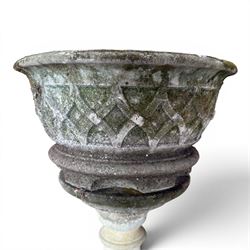 Large circular cast stone planter, and a small lattice planter on raised column