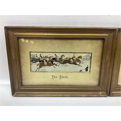 Four Royal Doulton figures, to include The Broken Lance HN 2041, The Old Balloon Seller HN 1315, The Balloon Man HN 11954 and Little Boy Blue HN 2043, together with a Coalport Ladies of Fashion figure Regina and three framed hunting silk needle works