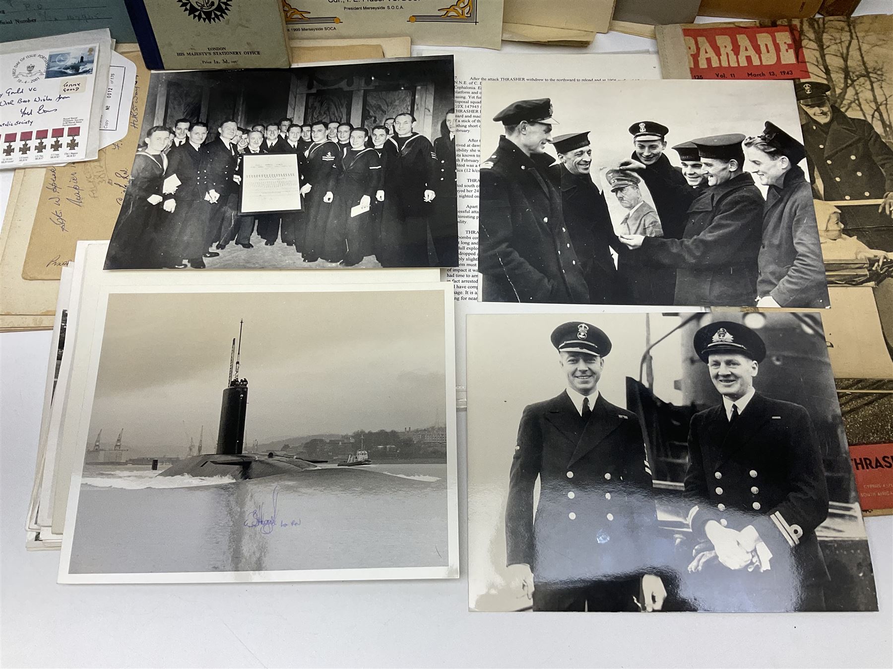 WW2 submarine interest - archive of ephemera and photographs relating to submariner Petty Officer (later Lieutenant) Thomas William Gould V.C. of HMSub Thrasher; predominantly post-war with later copies of contemporary photographs and documents including Certificate of Service in slip-case, War Patrol Reports, First Day Covers, press cuttings, 'For Valour' film script, business cards etc.
Auctioneer's Note: An extract from Gould's VC award citation reads 