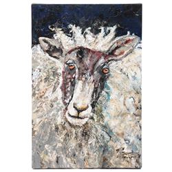 Ann Lamb (British 1955-): Sheep Portrait, mixed media on canvas signed 45cm x 30cm (unframed)