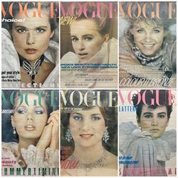 Vintage British Vogue Magazine Cover Posters from Feb, April & August 1981, June 1982, March & June 1983, with cover shots of Lisa Ryall, Susan Hess, Lady Diana Spencer, Jerri Narr, Nancy DeWeir and Beth Rupert,  67cm x 48cm (6)