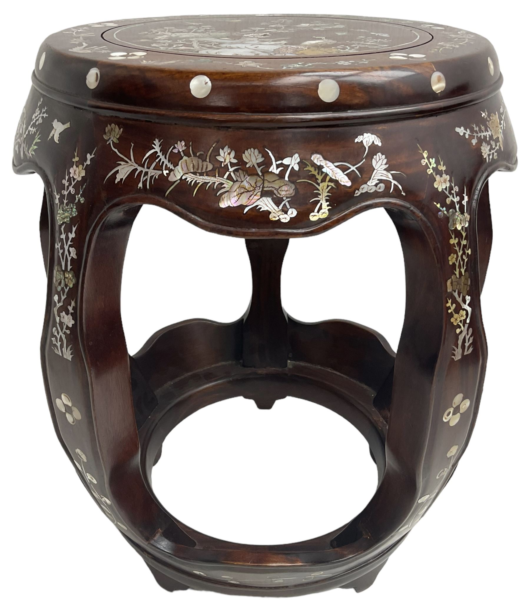 Chinese hardwood stand, inlaid with mother of pearl depicting birds, trees and flowers