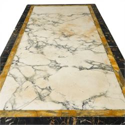 A 20th century Italian Neoclassical console table of architectural pedestal form, inspired by Roman architectural prototypes, with marble top and simulated marble scagliola-type finish; the rectangular marble top with grey veining within a black and yellow marble border, above a pedestal base finished in a finely executed faux-marble surface and enriched with parcel-gilt scrolling acanthus terminals, floral garlands, a central ribbon-tied motif in relief, and further raised flowerheads and a central gilt monogram, terminating in a stepped plinth base