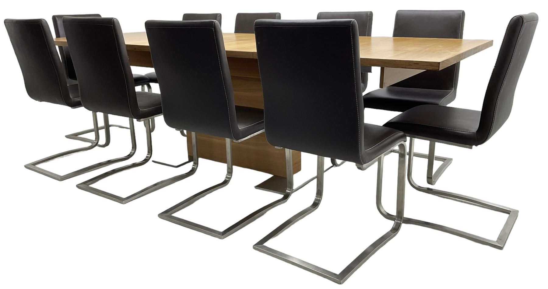 Contemporary walnut extending dining table, rectangular pull-out extending action top with two additional leaves, on rectangular base with burnished metal feet (160cm - 258cm x 100cm, H78cm); together with a set of ten cantilever dining chairs upholstered in stitched brown leather, on burnished metal supports 