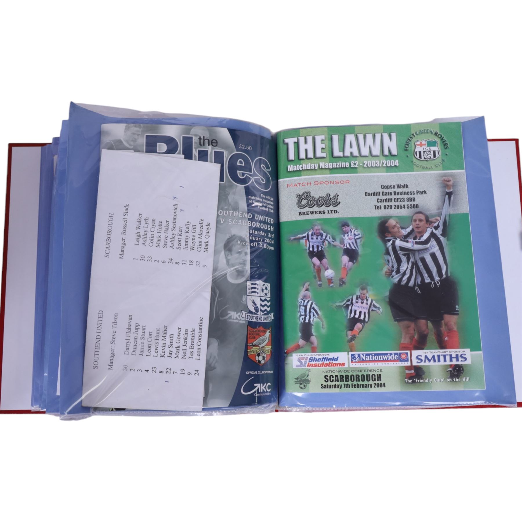 Comprehensive collection of approximately two hundred and thirty Scarborough FC football programmes for the 2003/04, 2004/05, 2005/06 and 2006/07 seasons, all filed within eight dedicated Scarborough FC red Home and Away binders