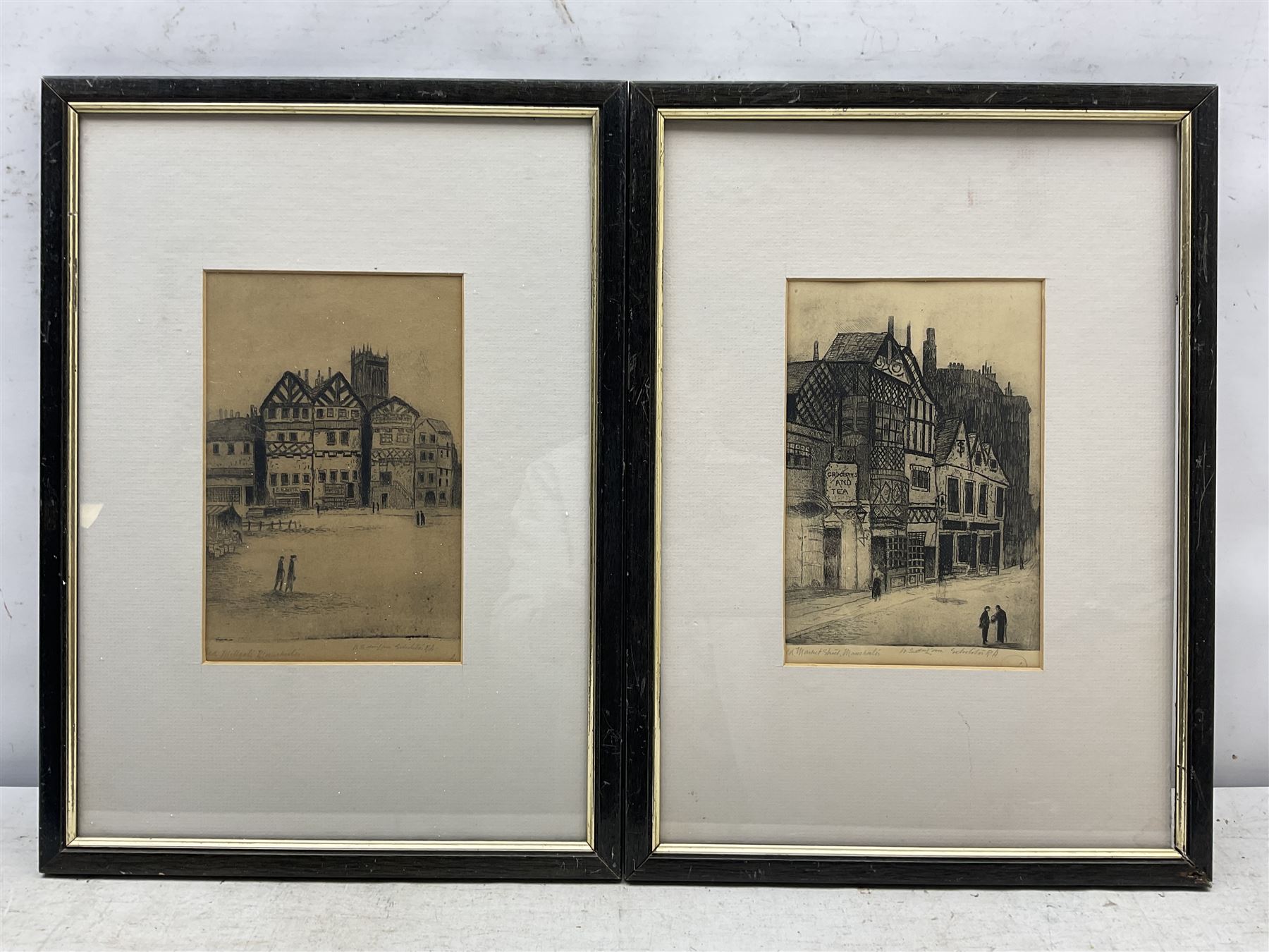 Walter Edwin Law (British 1865-1942): 'Old Millgate' and 'Old Market Street' Manchester, pair etchings signed and titled 22cm x 15cm (2)
