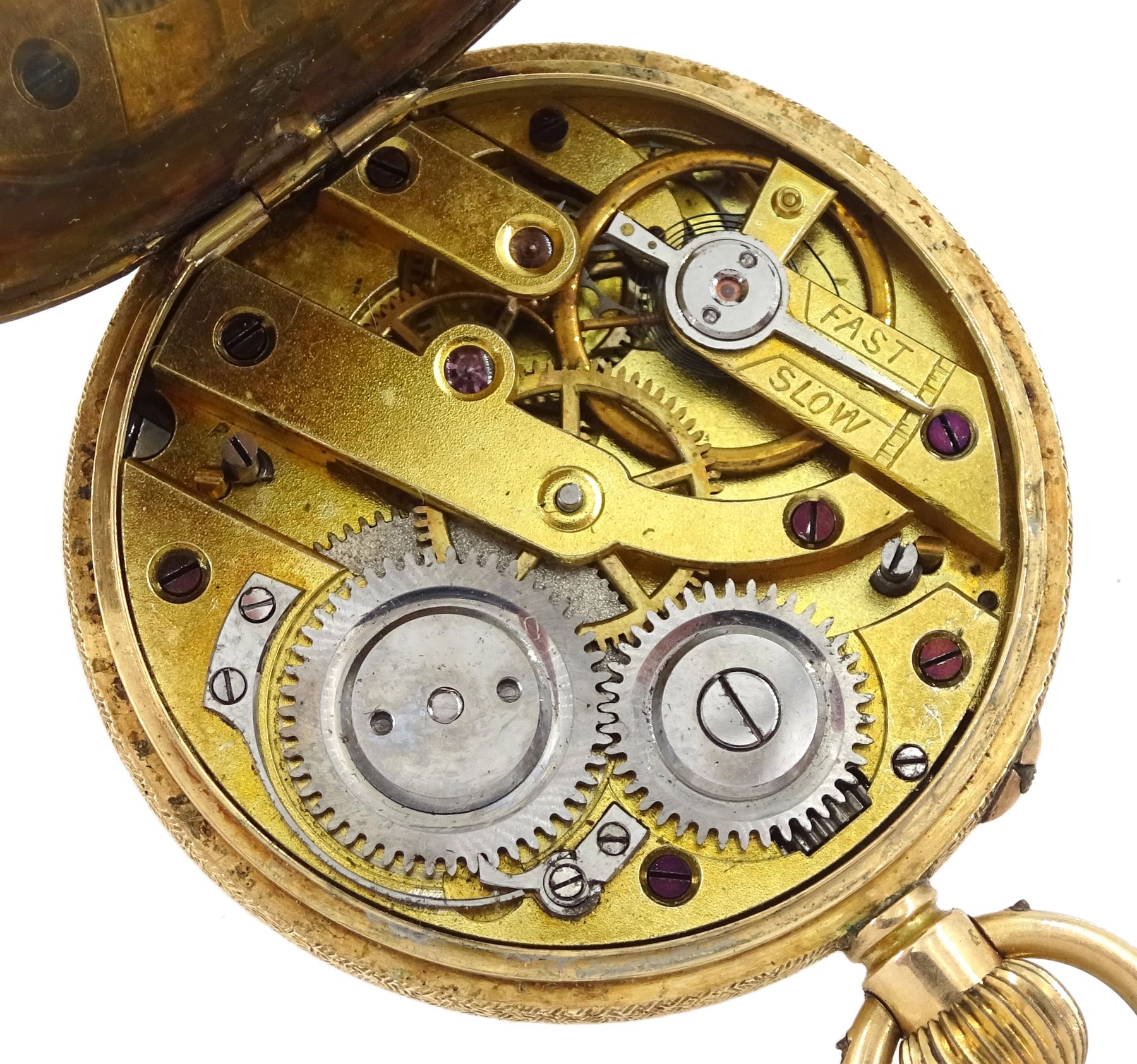 Early 20th century 14ct gold open face, cylinder ladies fob watch, gilt dial with Roman numerals, enamelled case with engraved foliate decoration, stamped 14K