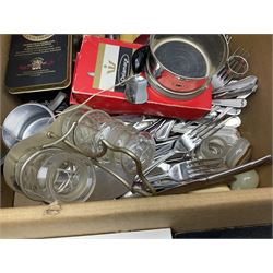 Two hallmarked silver napkin rings, Ronson table lighter in box, quantity of Viners cutlery, other silver-plate, flatware, cased examples, quantity of costume jewellery etc