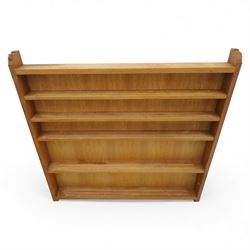 Mouseman - oak plate rack, with five shelves each with twin grooves, wall mountable, with signature mouse carving by Robert Thompson of Kilburn