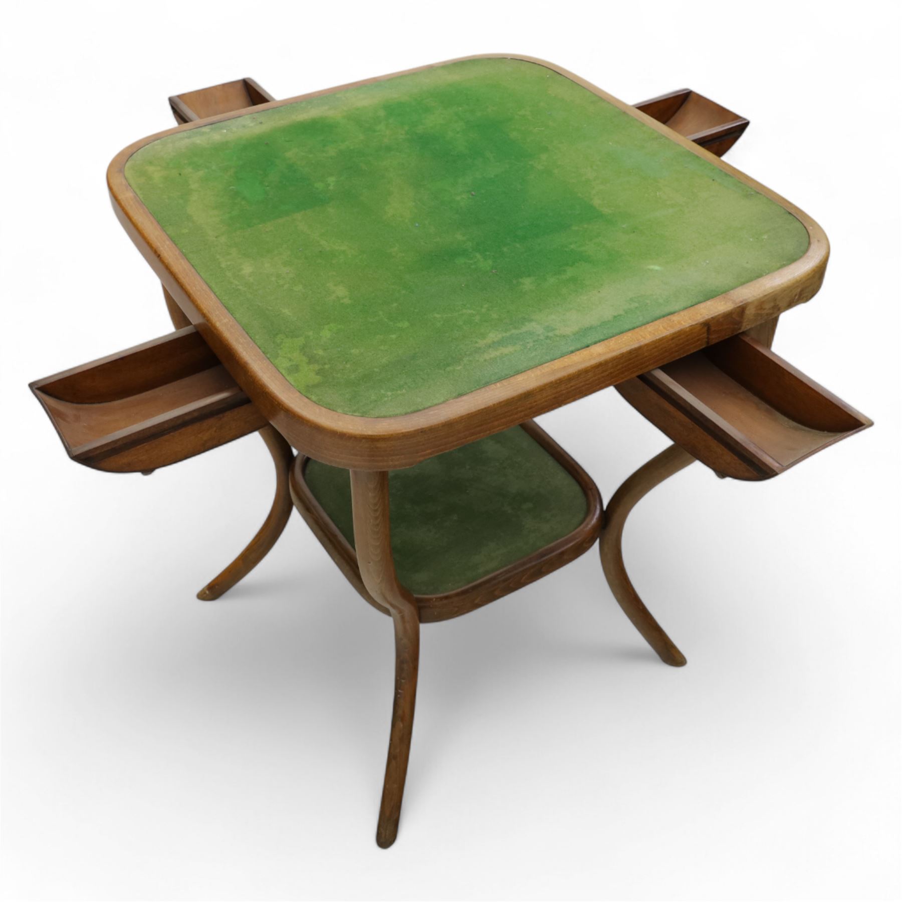 Early 20th century Thonet bentwood card table, square top with rounded corners inset with green baize, four slide-out card trays beneath, on shaped bentwood supports joined by a central stretcher