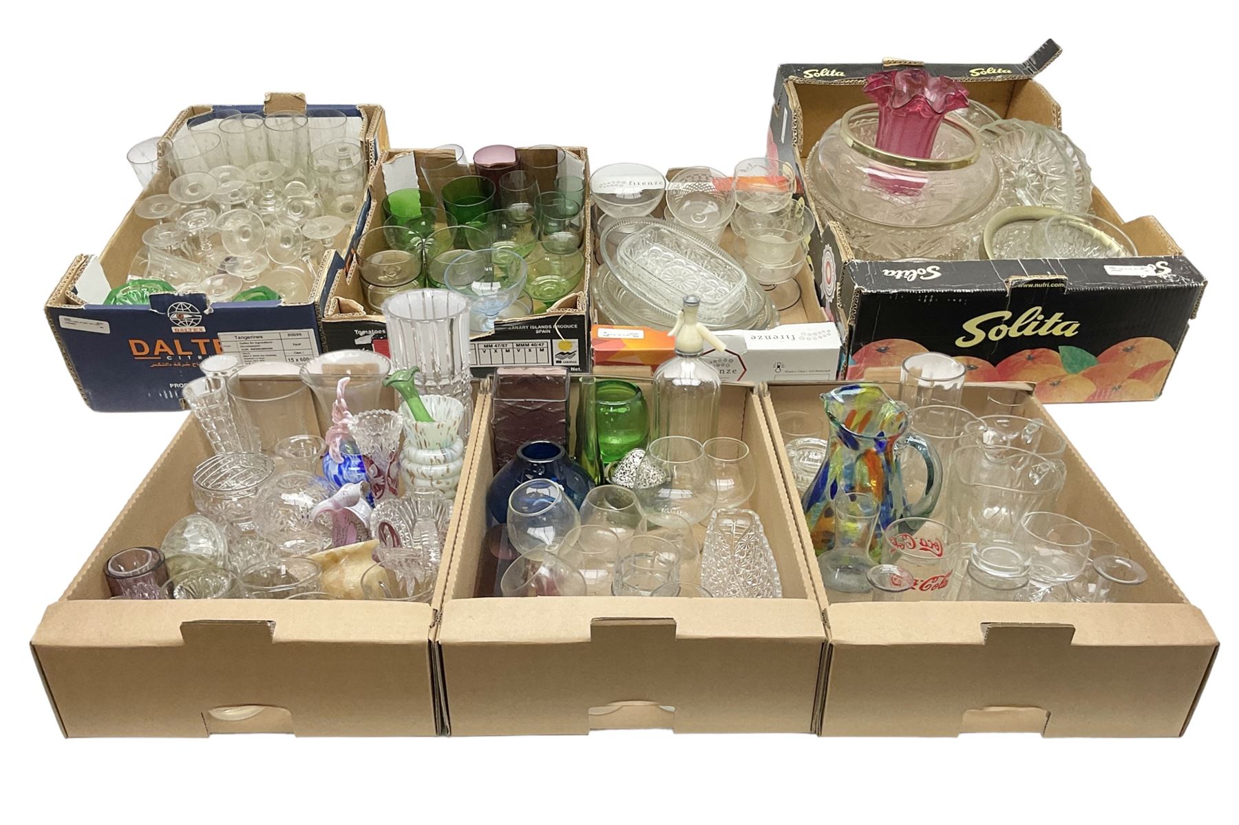 Large collection of glassware to include Schweppes soda syphon, Murano, vases, drinking glasses, coloured glass, cranberry etc in seven boxes