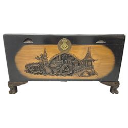 Singapore camphor wood blanket chest, rectangular hinged top with carved panel depicting traditional pagoda and river scenes