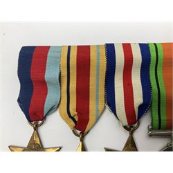 WWII group of five medals comprising 1939-45 War Medal, Defence Medal, 1939-45 Star, Africa Star and France and Germany Star on wearing bar; WWI British War Medal awarded to 142019 Pte. A. Thompson A.S.C.; and boxed King's Badge 'For Loyal Service'