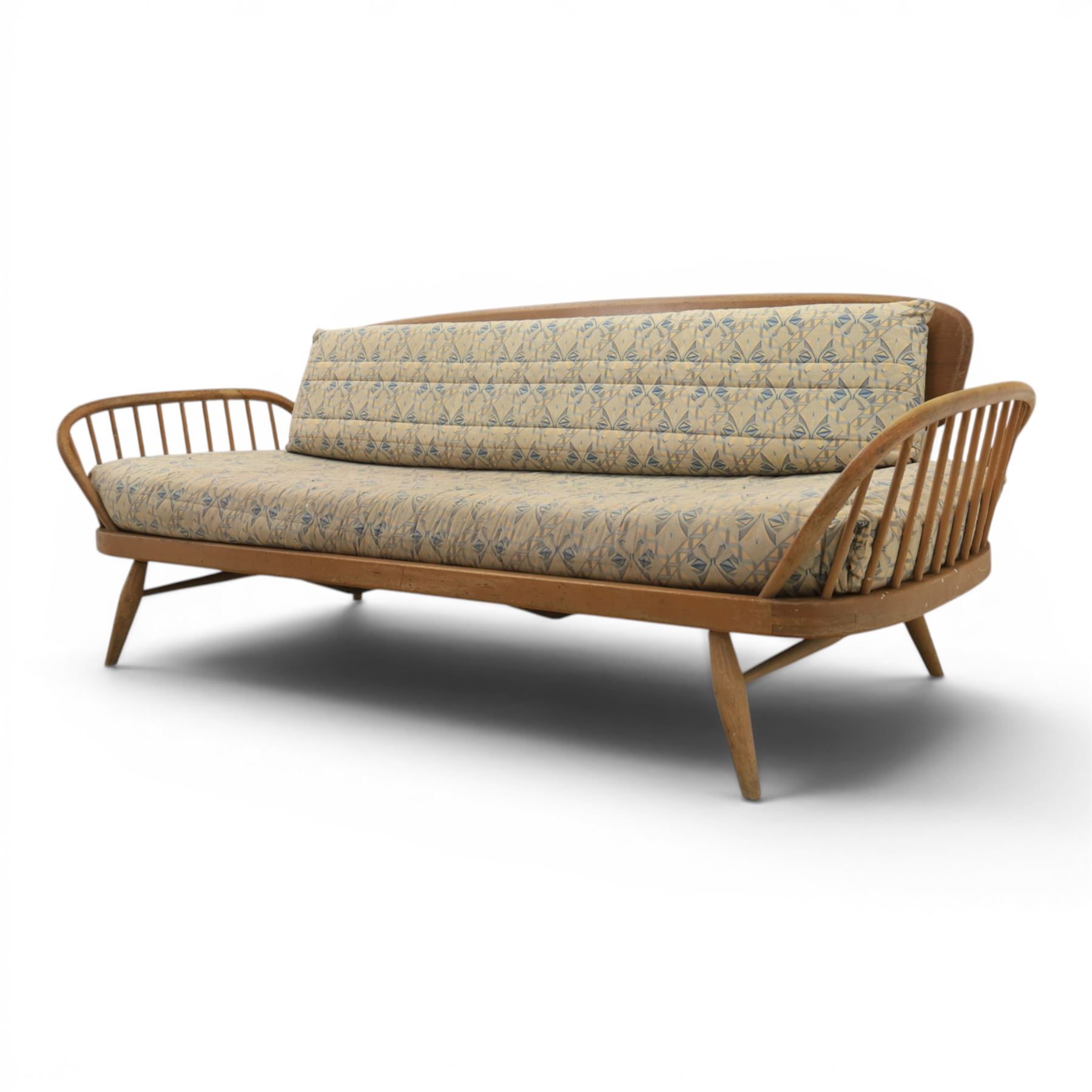 Lucian Ercolani for Ercol - 'Studio Couch' model no. 355, elm and beech framed, with loose geometric cushions