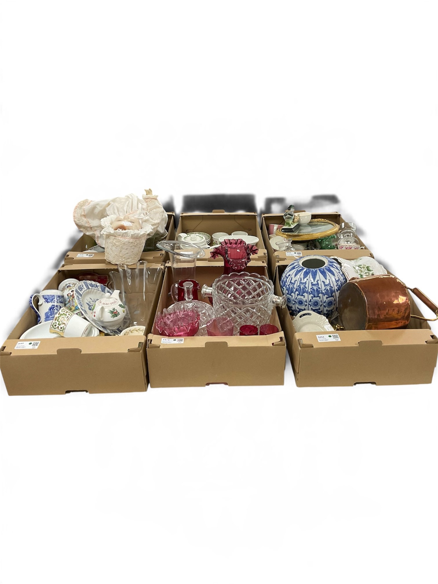 Large collection of items, comprising Portmeirion 'Summer Strawberries' and 'The Botanic Garden', Cranberry glass vase and drinkware, copper tea kettle, and others, in six boxes