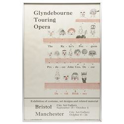 After David Hockney (British 1937-2026): 'Glyndebourne Touring Opera - Exhibition of Costume, Set Designs and Related Material' poster, coloured print 62cm x 40.5cm; After David Hockney (British 1937-2026): 'Music Center Unified Fund - Los Angeles Philharmonic' poster, coloured print 28.5cm x 23.5cm (2)