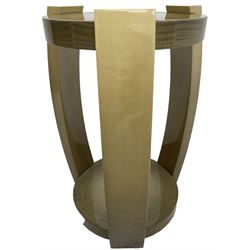 Sally Sirkin Lewis for J Robert Scott - 21st century 'Harlow' two-tier occasional table, circular sunburst veneer top on ombre curved supports, signed with initials 'SSL' and dated 2/11 in pen to base