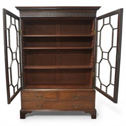 Early 20th century mahogany glazed bookcase, the moulded cornice above a carved frieze with interlaced ornament, enclosed by a pair of astragal glazed doors with geometric glazing bars, the base fitted with two short over two long drawers with brass swan neck handles, raised on bracket feet