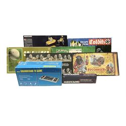 Meccano - Set No.5 with instruction booklets and Set 1+1X Conversion Set; both boxed; Adman Grandstand TV Game; boxed; Parker Colditz Board Game; and four Waddingtons Board Games including Cube Fusion, Totopoly, Golf Winks and Buccaneer; all boxed (8)