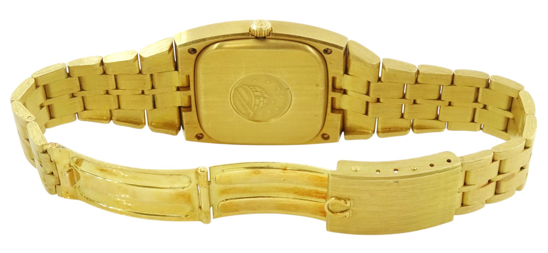 Omega Constellation gentleman's 18ct gold automatic wristwatch, champagne dial, with baton hour markers and date aperture, on Omega 18ct gold bracelet, No. 368.847, with fold-over clasp, stamped 750, boxed