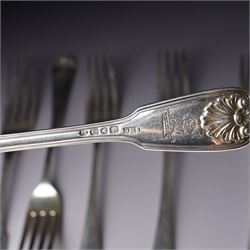 Pair of George IV silver fiddle, thread and shell pattern table forks Lonson 1826 and ten other 19th century silver table forks, various dates and makers (12)